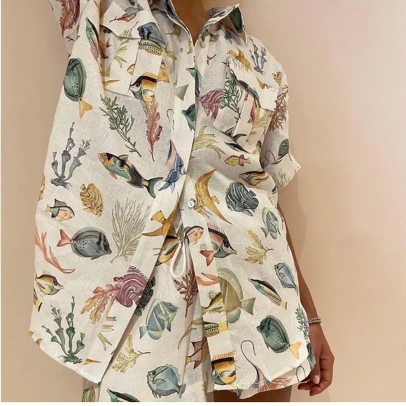 Alemais Top And Short Bottom Set Fish Sea Life Ocean Print Linen Button Down - Picture 5 of 15